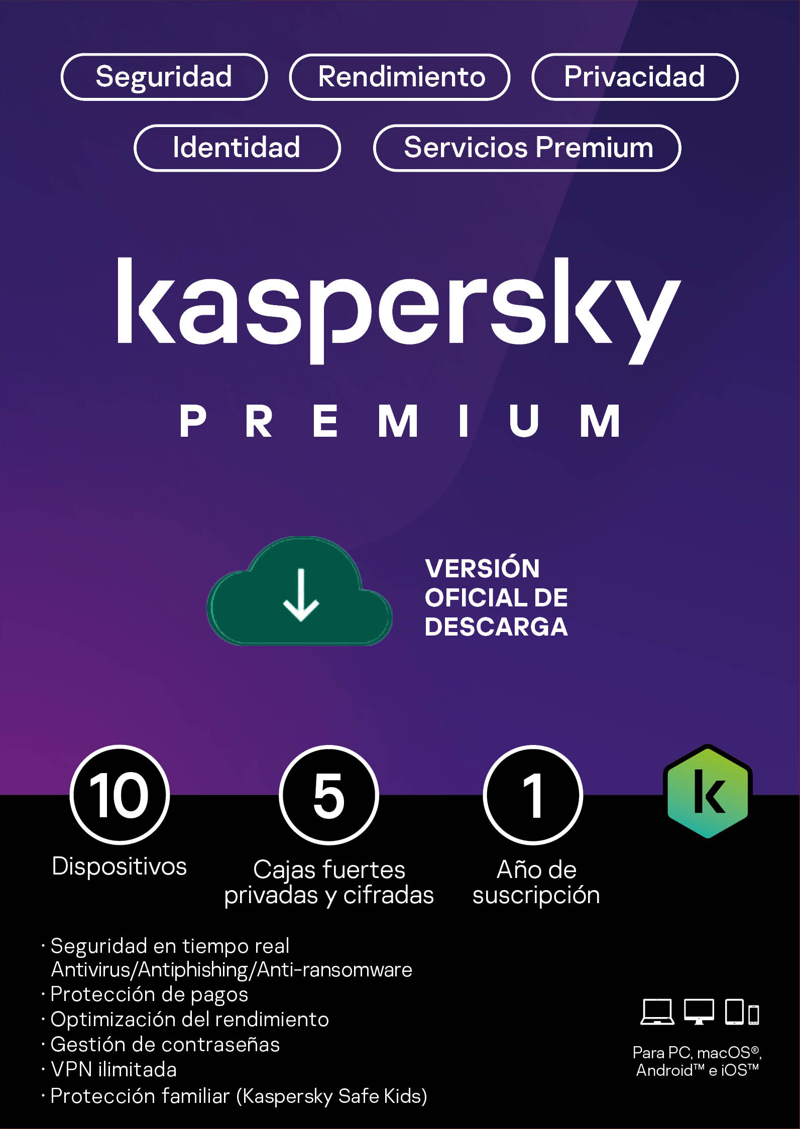 Licencia Kaspersky Premium 10 dispositivo por 1 año